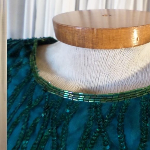 NWT Lady XL Silk Teal Long Gown Sequins Bead Dress - Picture 7 of 8